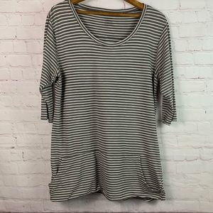 Toad & Co Ursa Tunic Top Shirt taupe white stripe scoop neck 3/4 sleeve Large